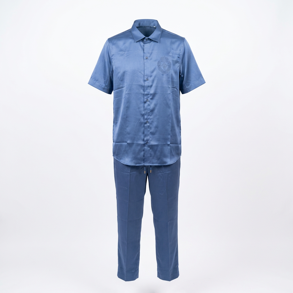 Blue tonal-motif shirt and drawstring trouser set on white background