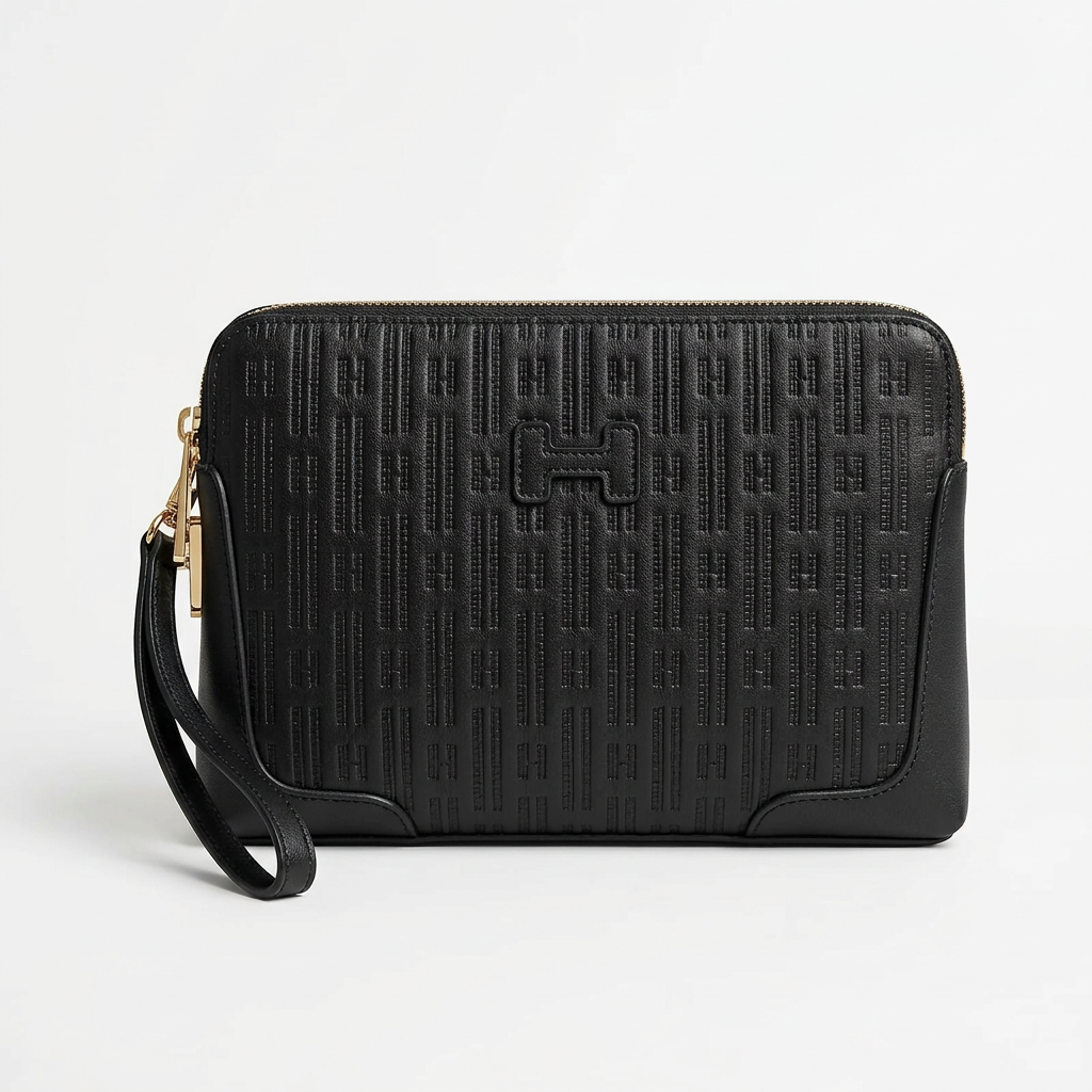 Textured black tonal-detail wrist pouch on white