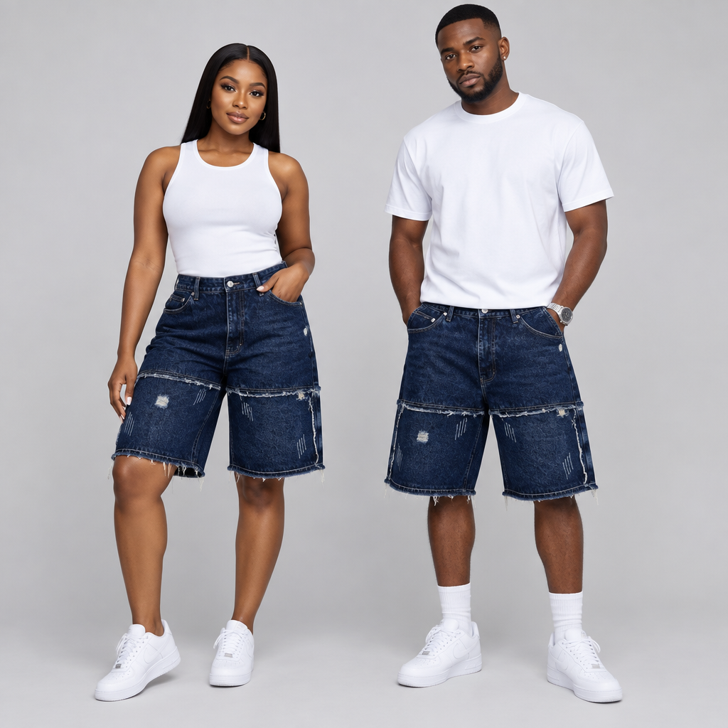 Black Nigerian woman and man together wearing dark navy curved-panel denim shorts