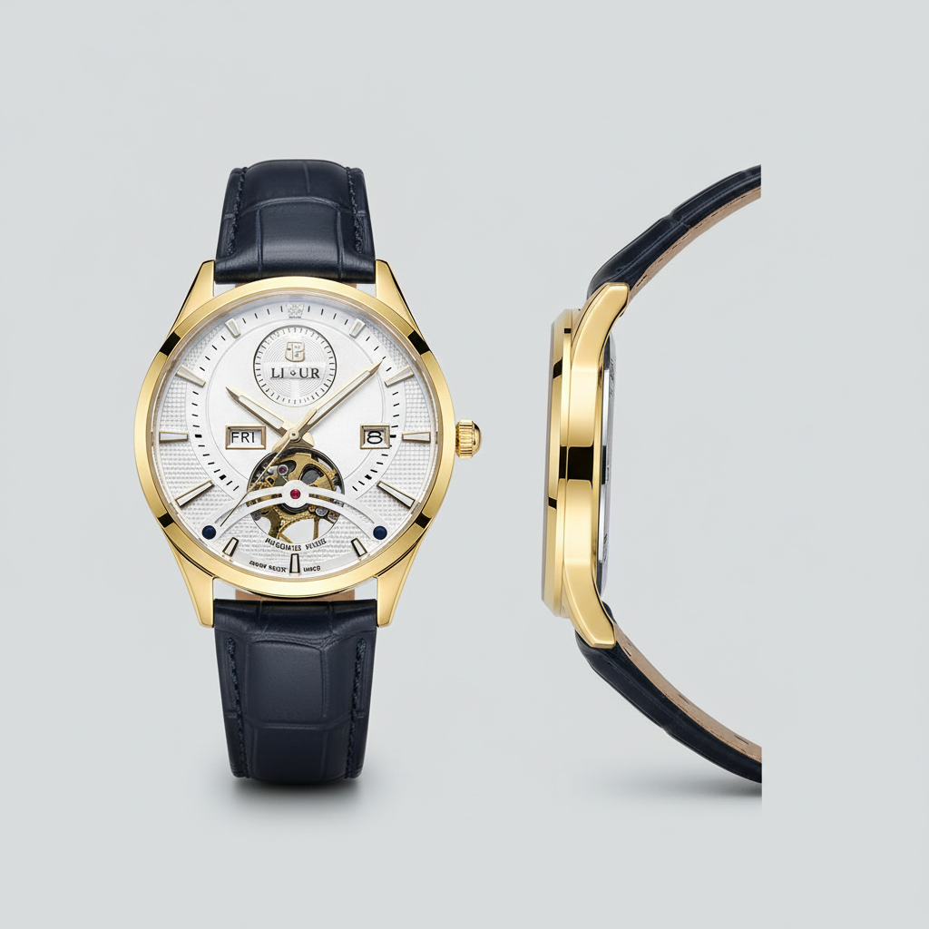 Gold-tone open-heart watch with white dial and dark navy textured strap shown from the front and side