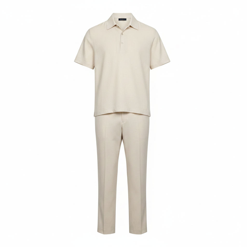 Ghost mannequin view of Unisex Cream Linen-Look Shirt & Straight-Leg Trousers Co-ord Set