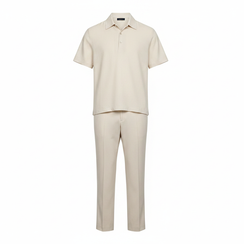 Ghost mannequin view of Unisex Cream Linen-Look Shirt & Straight-Leg Trousers Co-ord Set