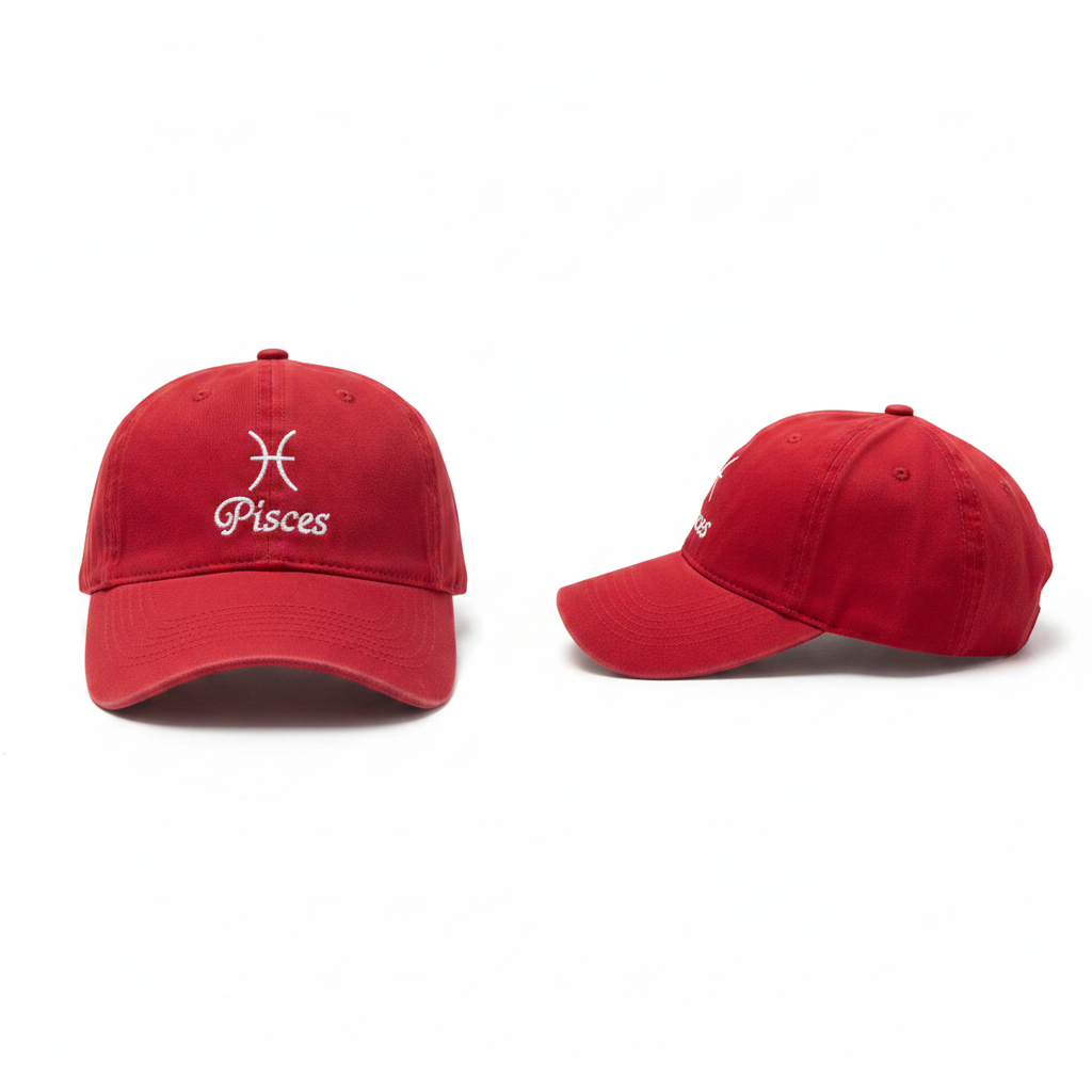 Pisces red zodiac embroidered dad cap ghost mannequin front and side view