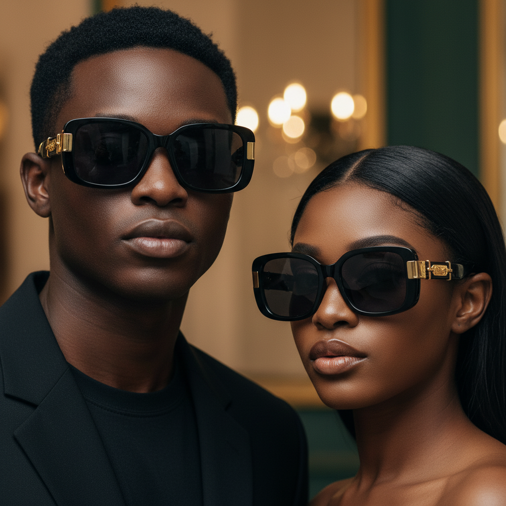Nigerian male and female models wearing oversized square sunglasses black frame dark grey lens gold H-shape temple hardware