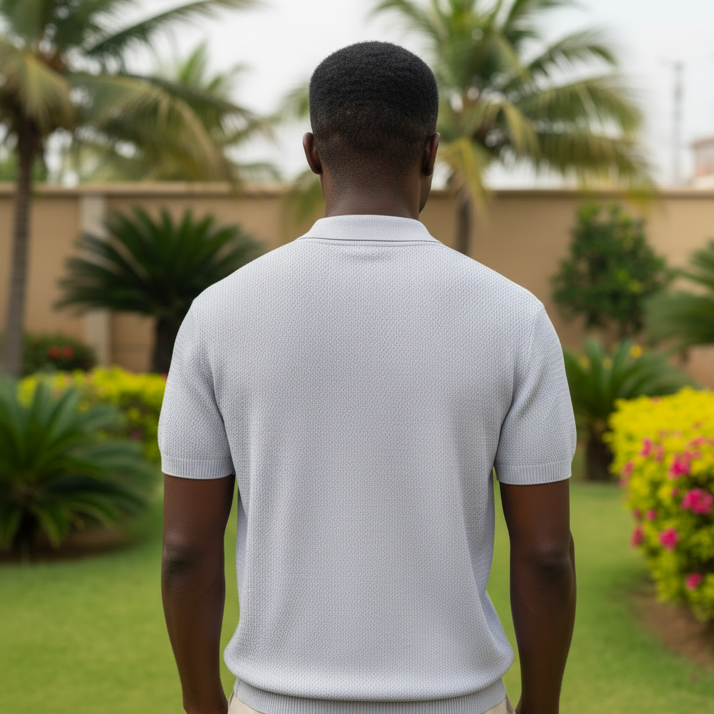 White Open-Collar Knit Polo – Nigerian male model back view
