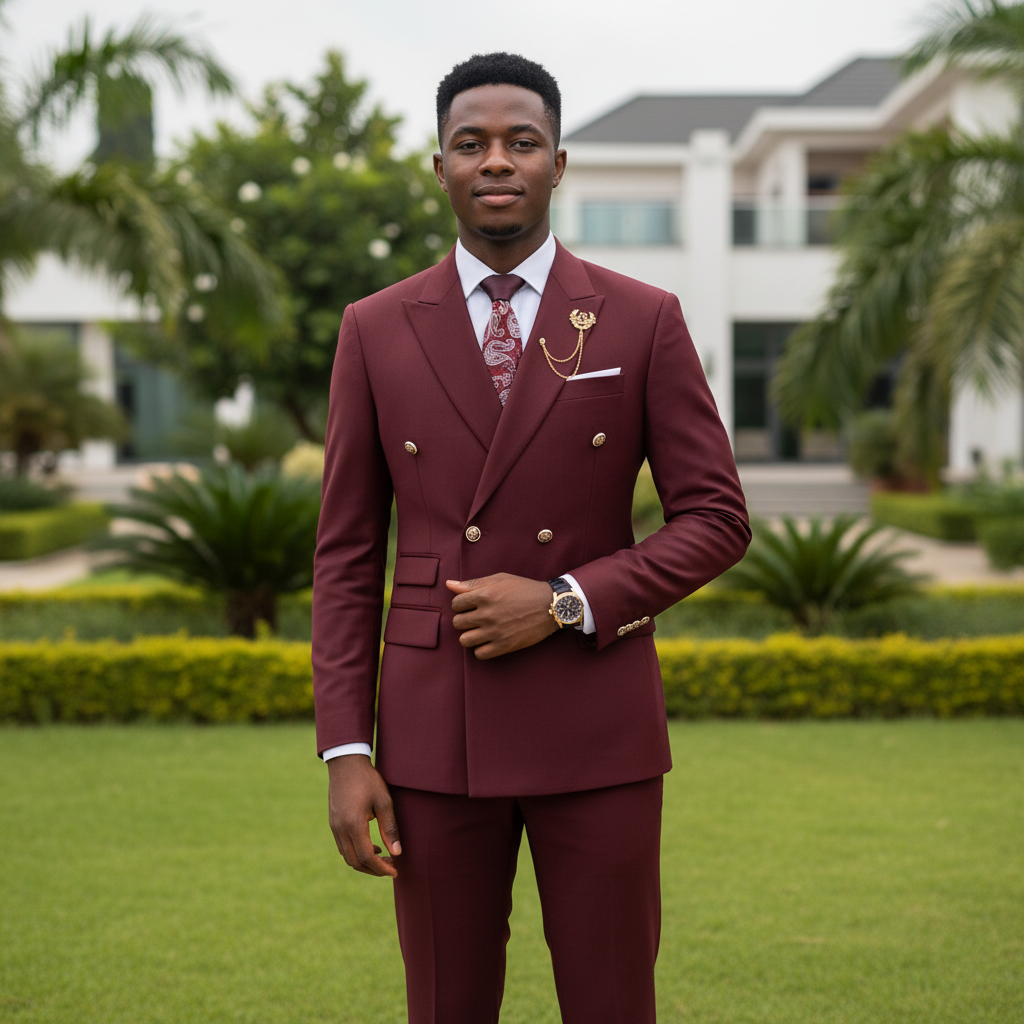 Nigerian male model wearing burgundy double-breasted gold button peak lapel suit