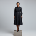 Black Zip-Front Belted Midi Shirt Dress - Model Front