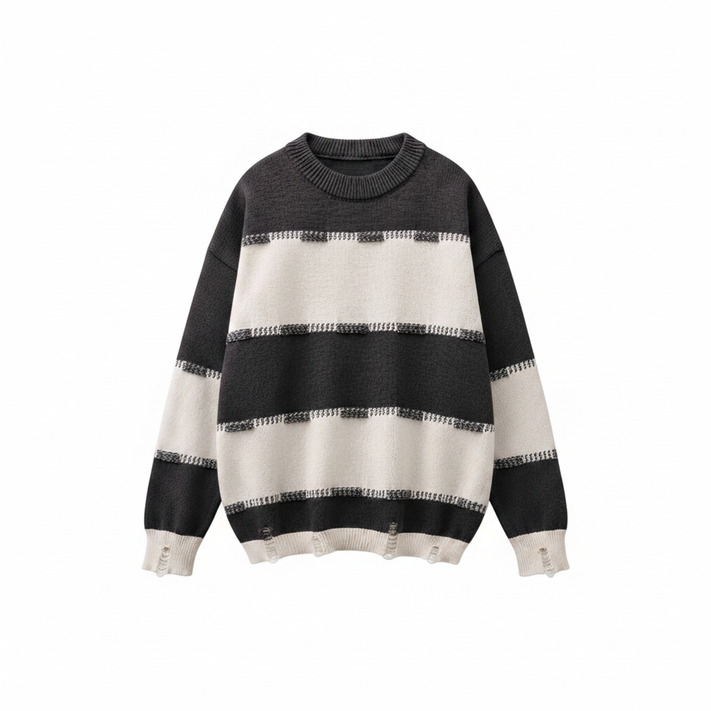 Men's grey cream stripe distressed knit sweater ghost mannequin front view