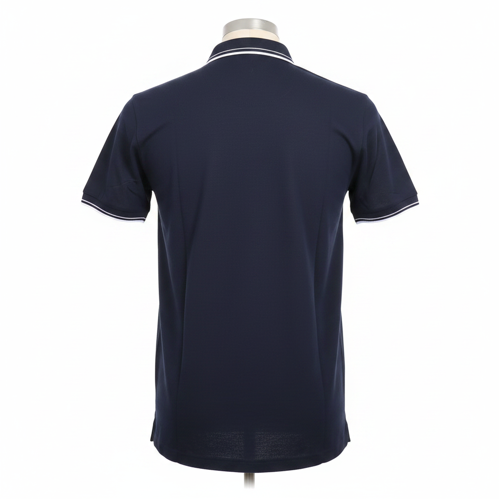 Ghost mannequin back view of navy blue contrast-tipped polo shirt