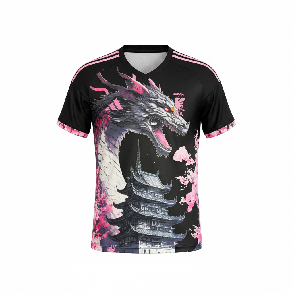 Men's black dragon cherry blossom pagoda football jersey ghost mannequin front view