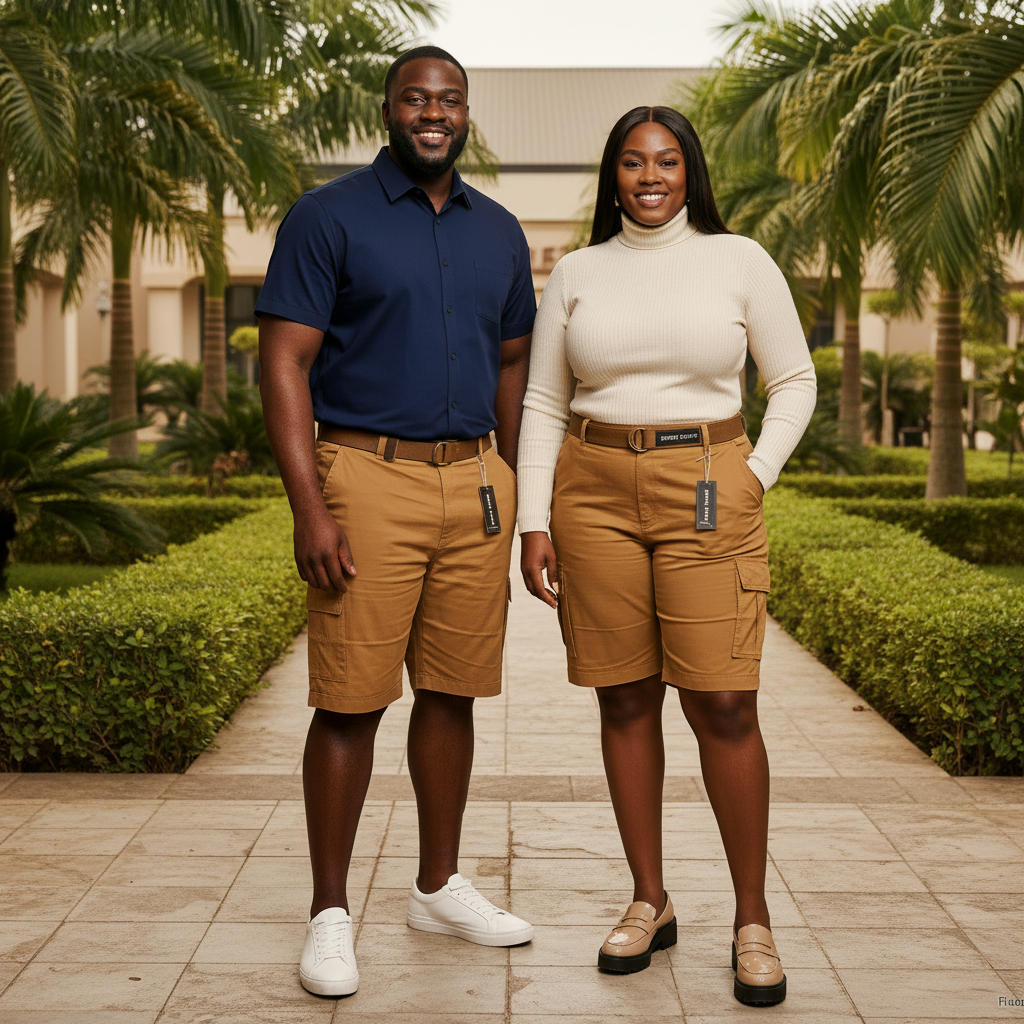 Nigerian male and female models wearing unisex tan brown cargo shorts, clean outdoor setting, 1:1 square