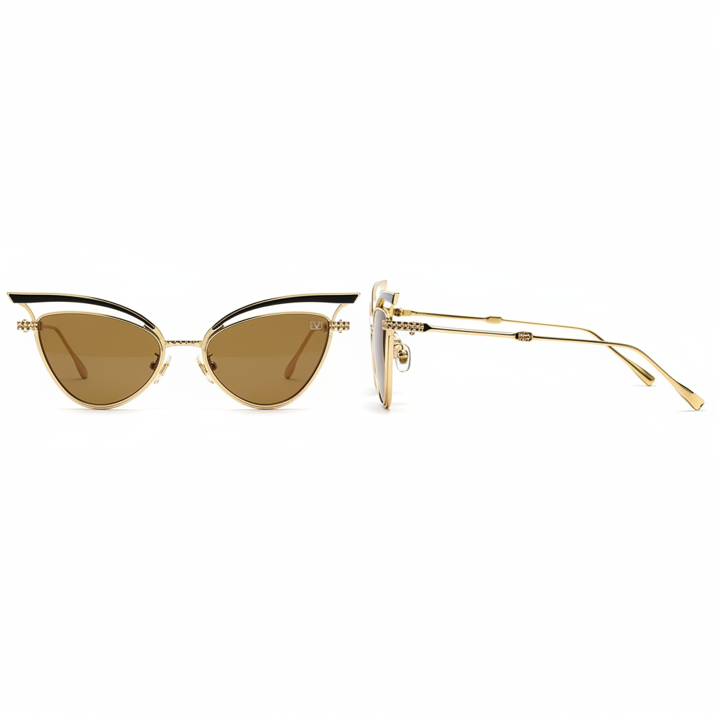 Women's cat-eye sunglasses slim gold double-wire metal frame black enamel upper rim solid brown amber lens ornate chain-link bridge – front and side view