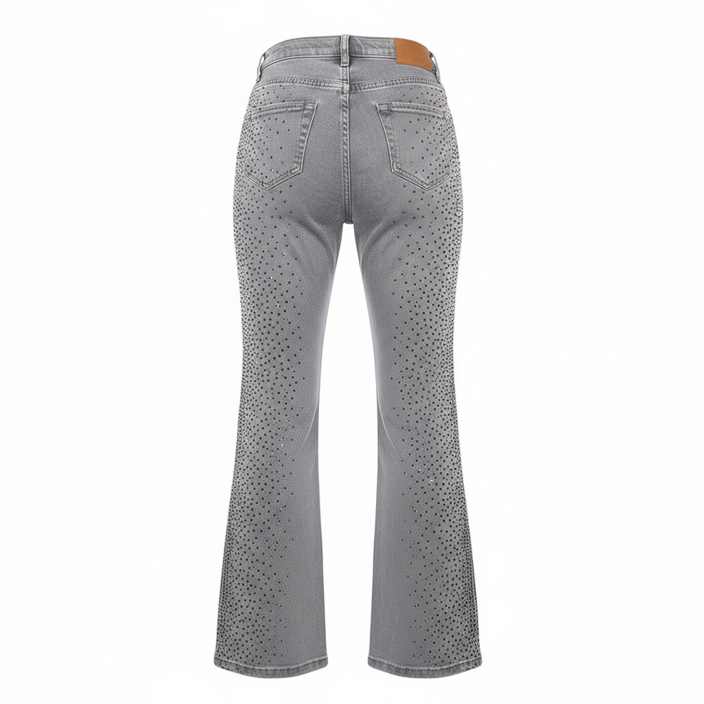 Grey All-Over Rhinestone Flare-Leg Denim Jeans - Ghost Mannequin Back