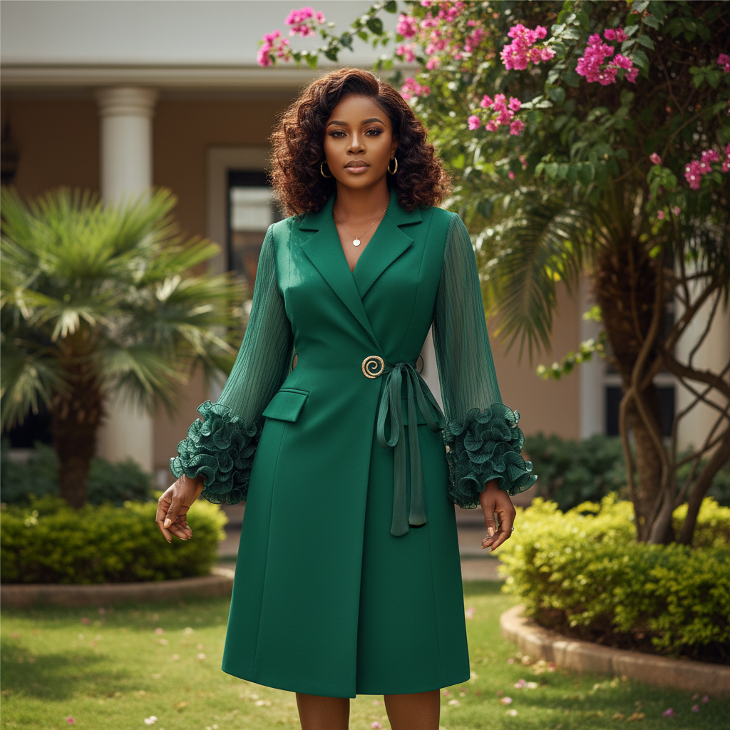 Emerald Green Sheer Sleeve Ruffle Dress - Front Model View