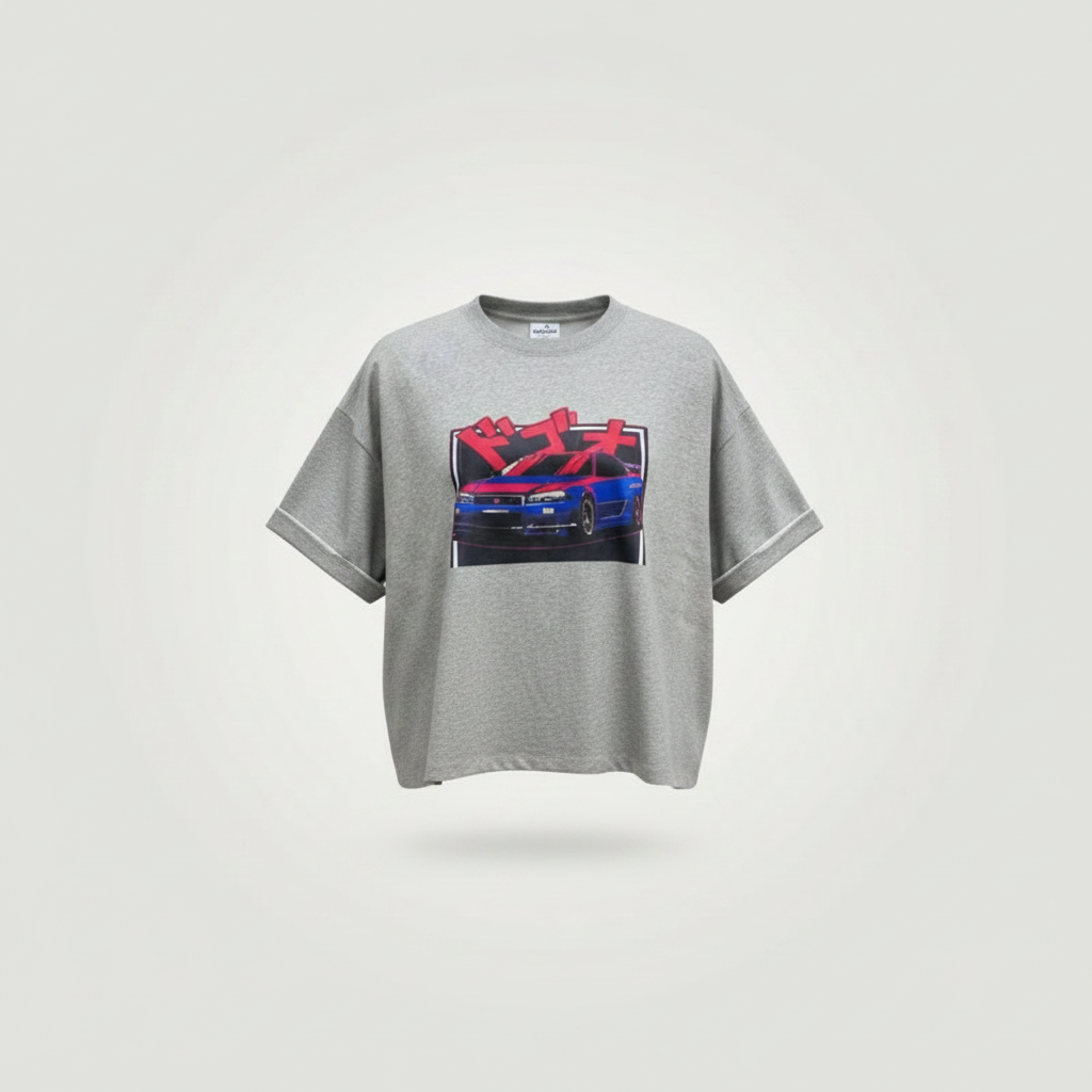Men's grey Japanese car graphic T-shirt on a ghost mannequin