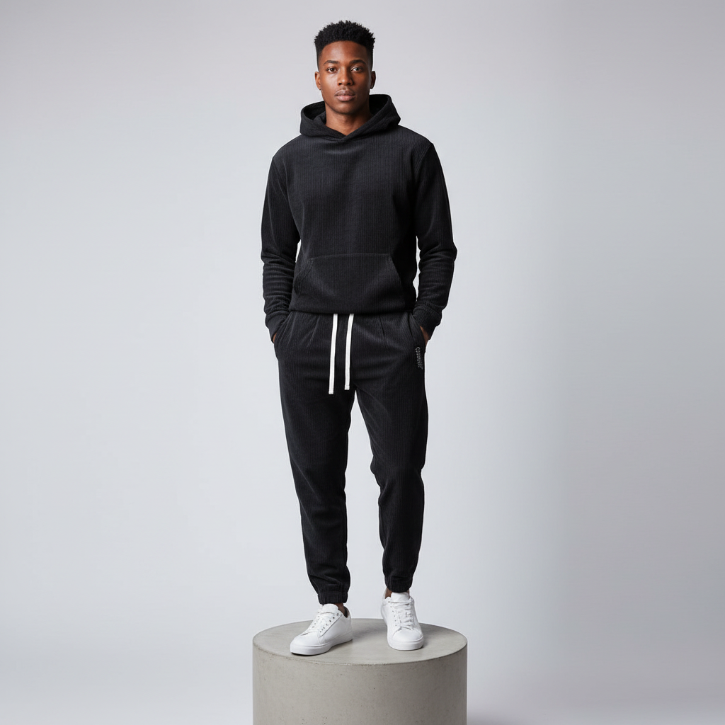 Black Corduroy Jogger Trousers – Model Front
