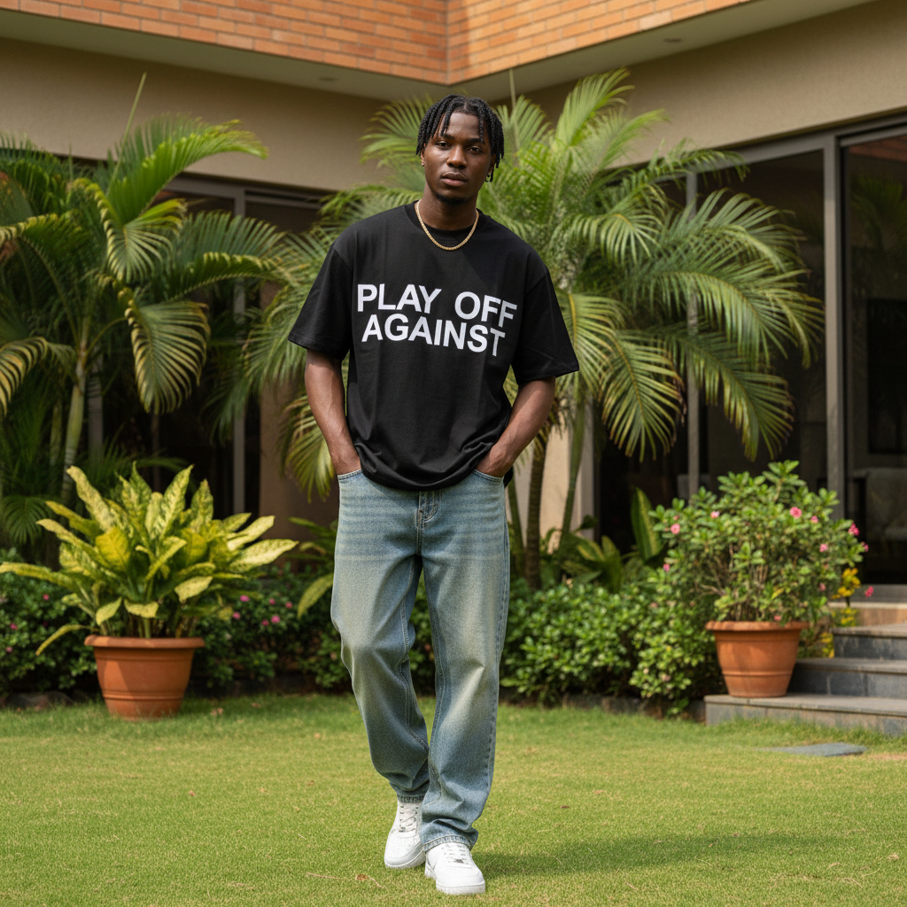 Nigerian male model wearing black play off against statement oversized tee – front view