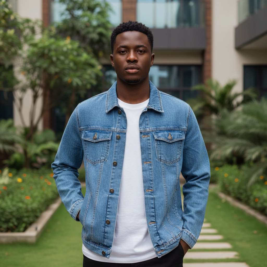 Nigerian male model wearing sky blue oversized denim trucker jacket