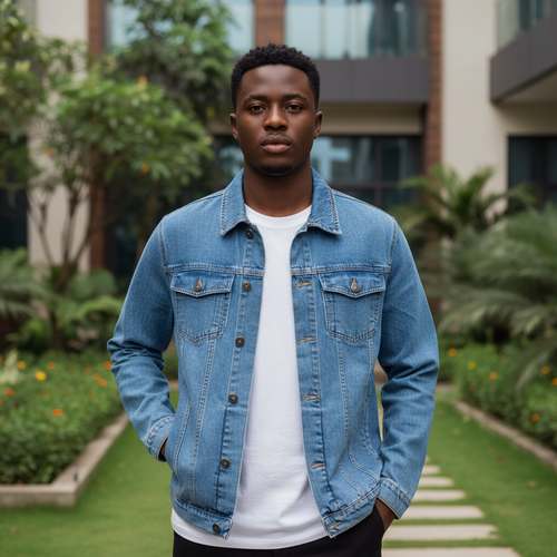 Nigerian male model wearing sky blue oversized denim trucker jacket