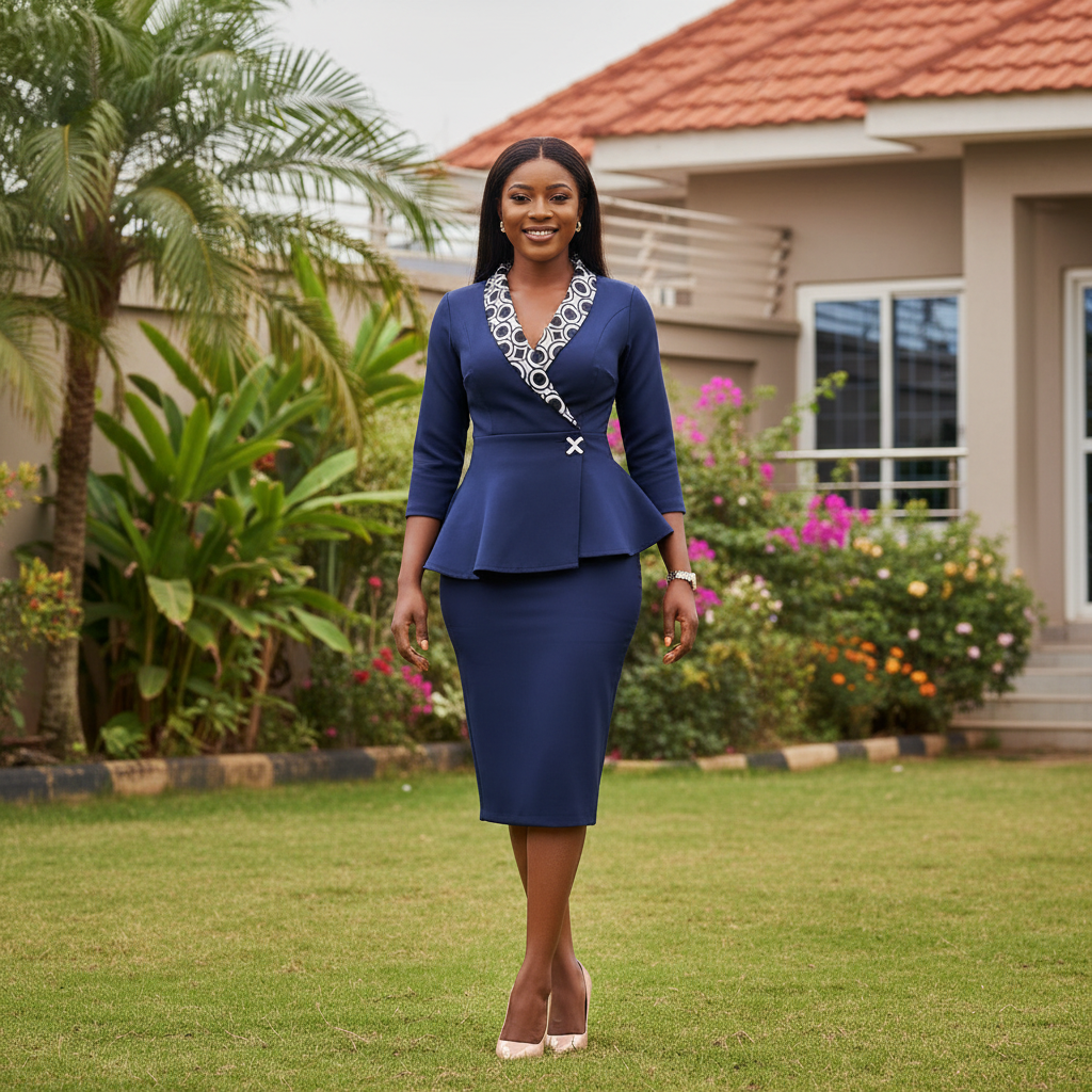 Women's Navy Blue Geometric Trim Wrap Bodycon Midi Dress – Nigerian Female Model Shot