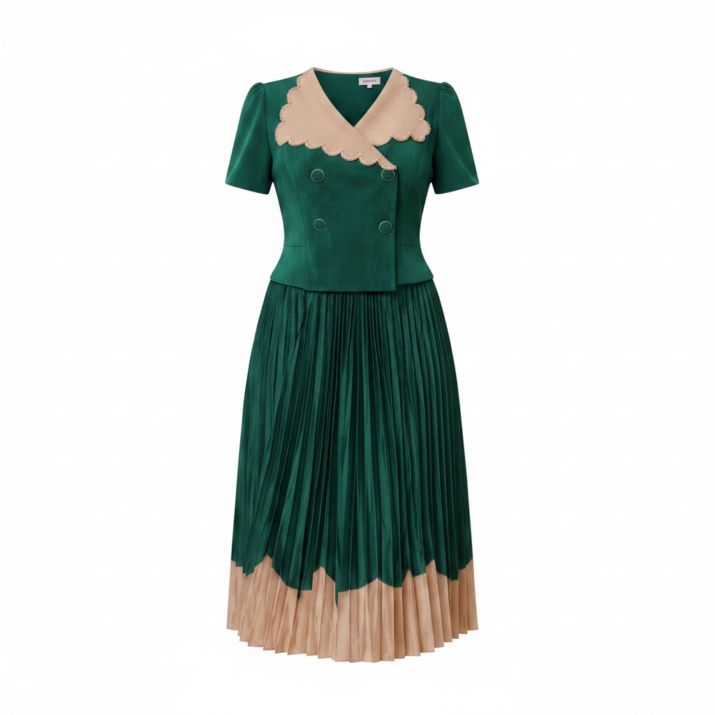 Women's emerald green scallop-trim pleated midi gown – ghost mannequin front view