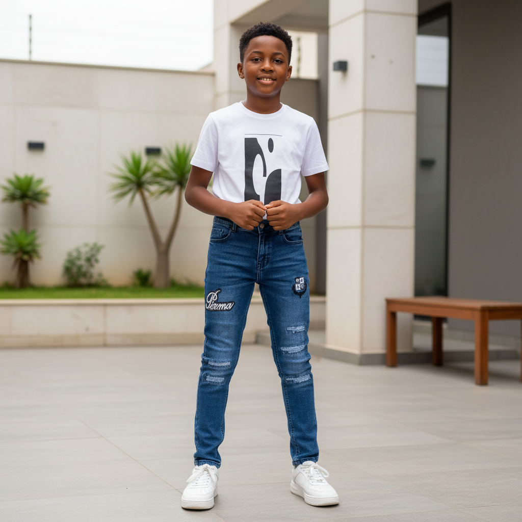 Boys semi-distressed denim jeans in medium blue worn by young model