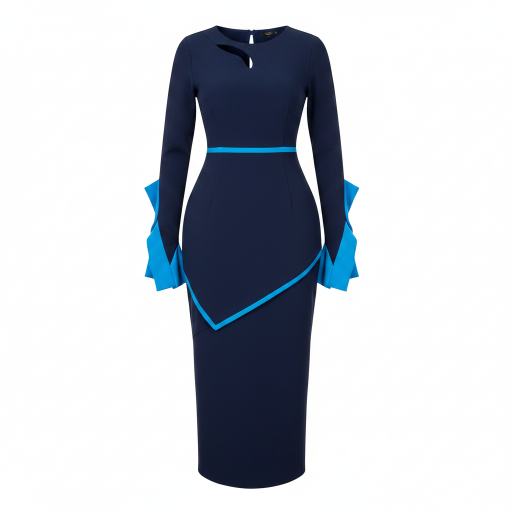Women's Navy Blue Contrast Trim Midi Dress – Ghost Mannequin Front View