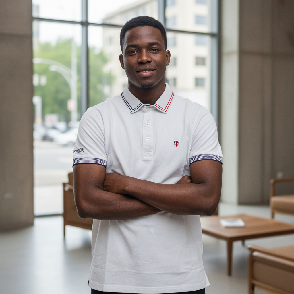 Nigerian male model wearing white tiger polo shirt with tipped collar in upscale setting