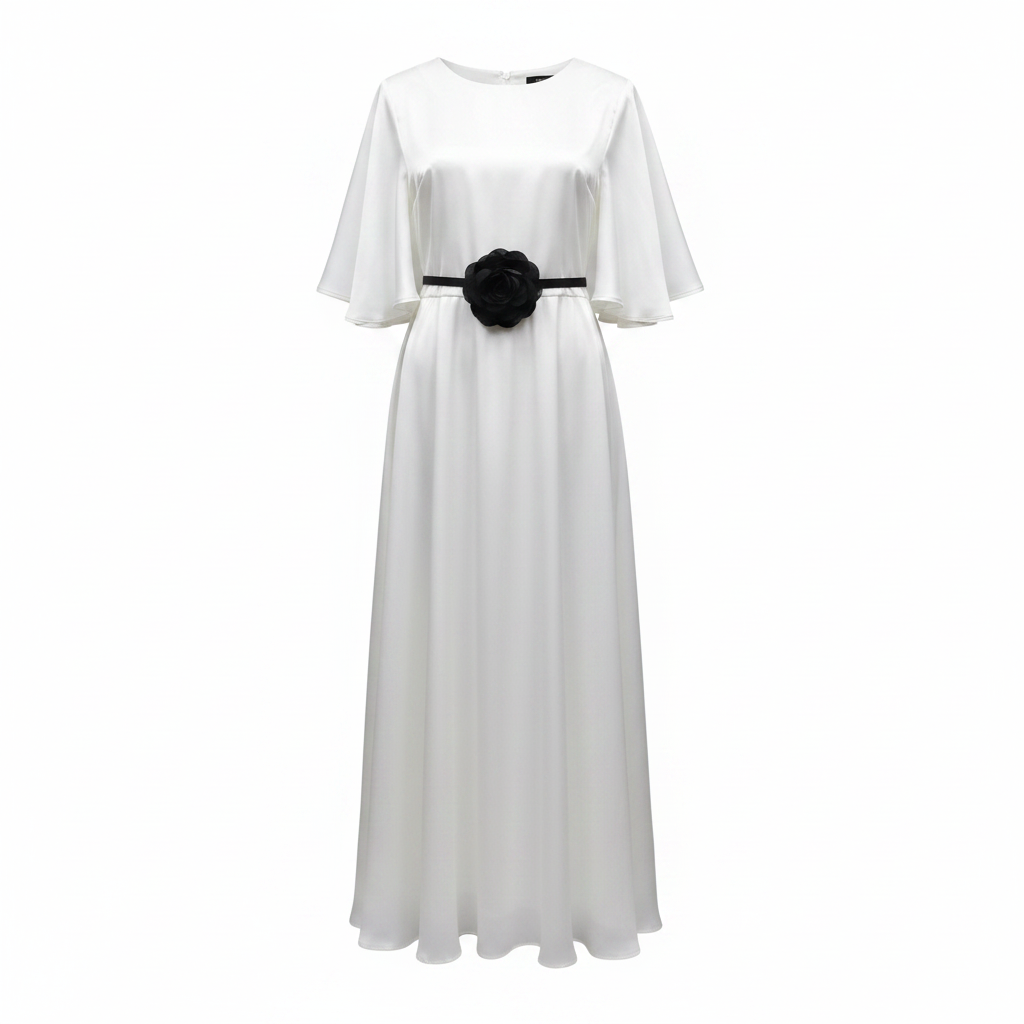 Women's white satin flutter sleeve maxi dress with black flower belt – ghost mannequin front view