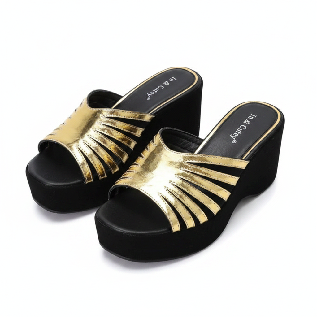 Ghost mannequin pair view of gold metallic fan ray strap chunky platform wedge slide mules