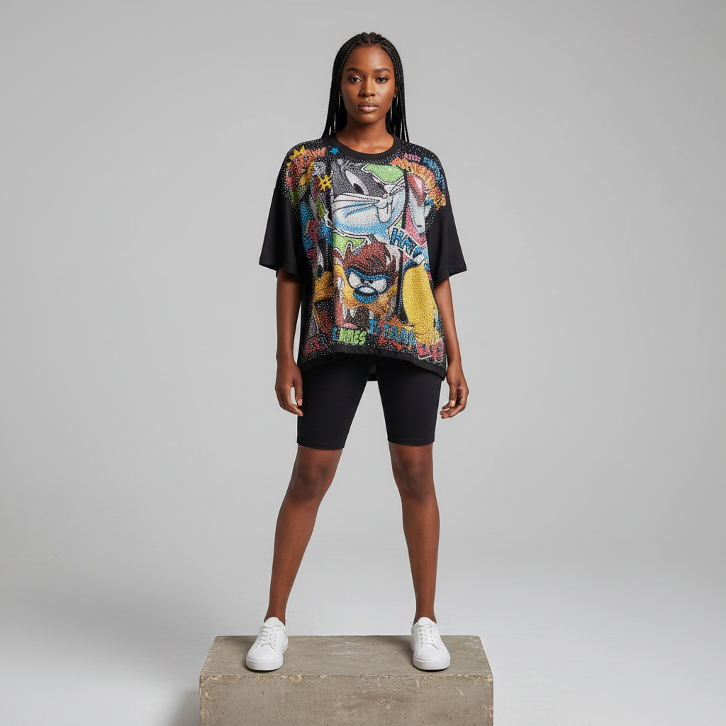 Black Multi-Character Rhinestone Comic Graphic Oversized Top - Model Front View