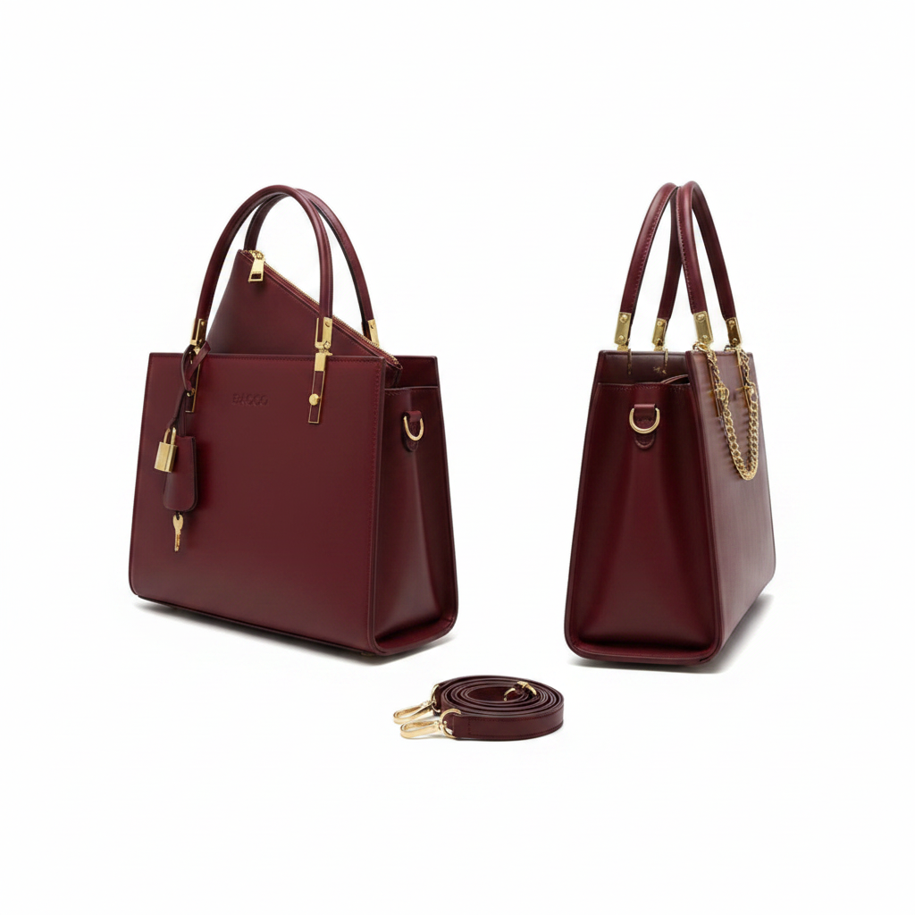 Burgundy structured leather handbag ghost mannequin front and side view with detachable crossbody strap and gold padlock charm