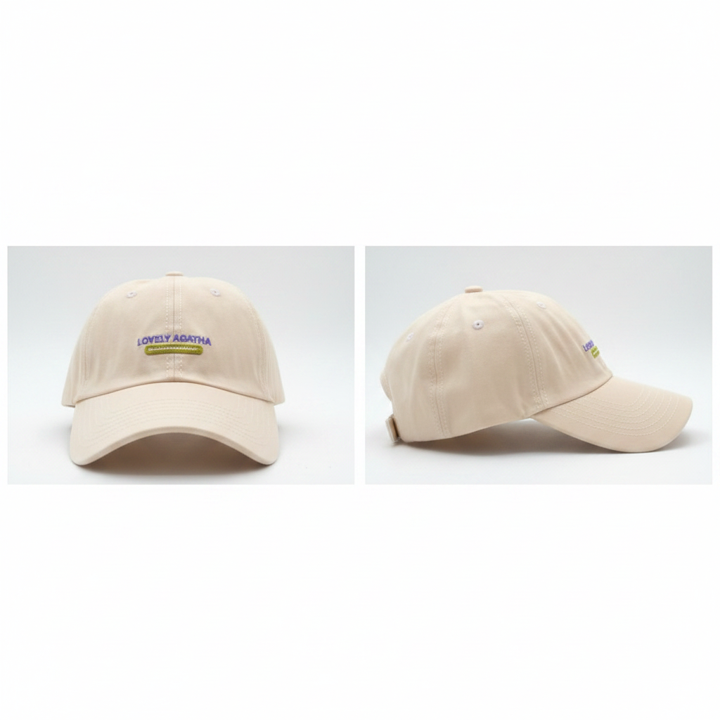 Cream off-white Lovely Agatha embroidered dad cap – ghost mannequin front and side view