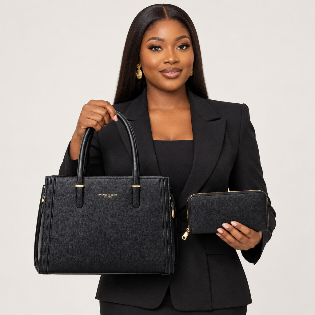 Nigerian woman holding black tote and matching purse on plain background