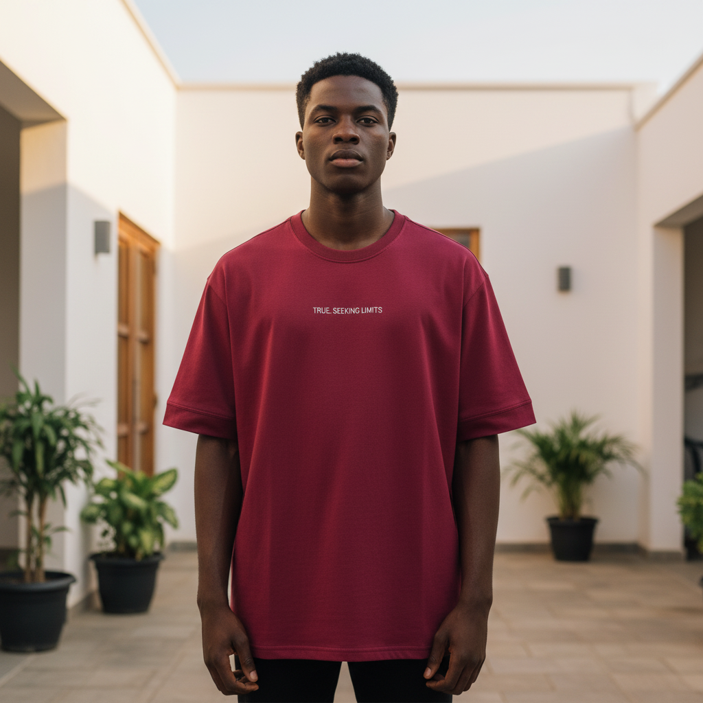 Minimal Logo Tee Burgundy – Front Model View