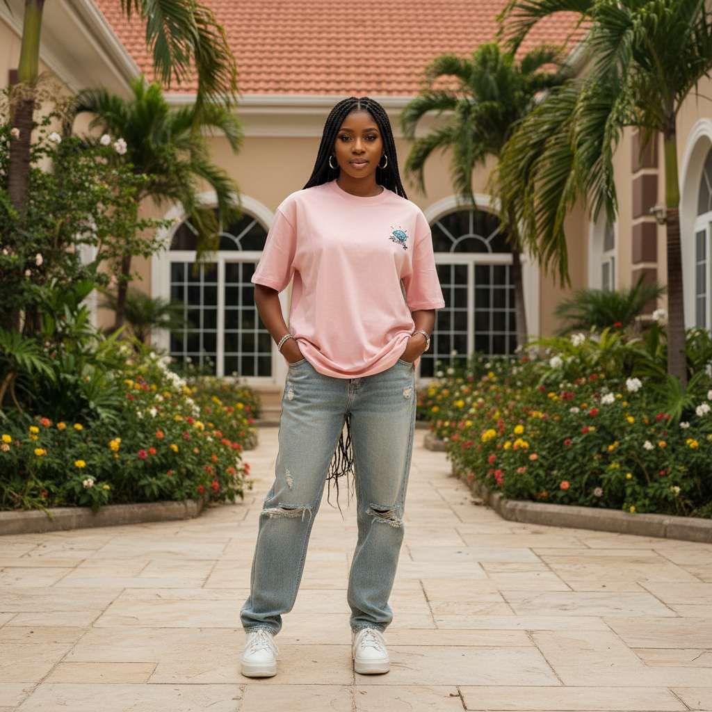 Nigerian female model wearing pink diamond gem illustrated graphic tee – front view