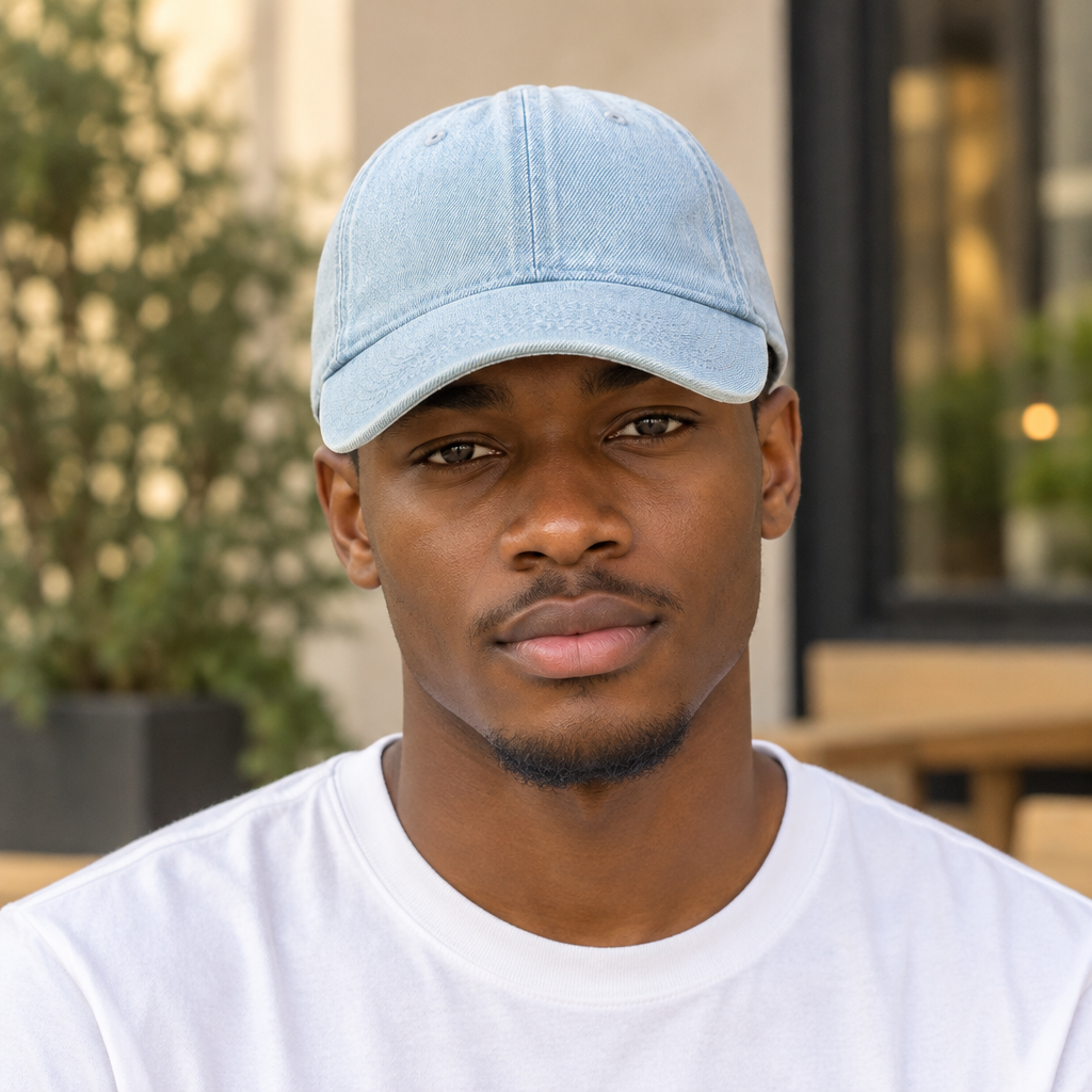 Young Nigerian man wearing plain light wash denim baseball cap