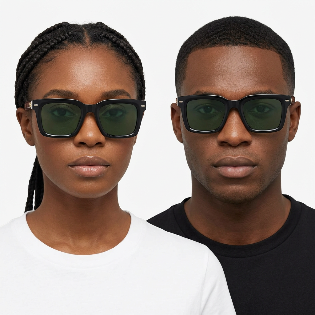 Black adult woman and man wearing chunky black square sunglasses with green lenses