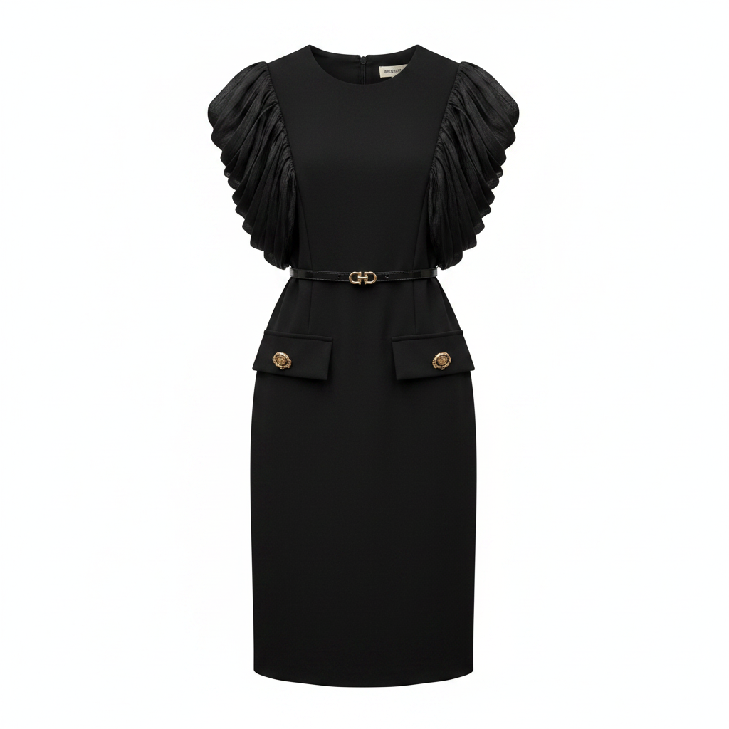Women's ruffle-sleeve belted midi dress in black – ghost mannequin front view