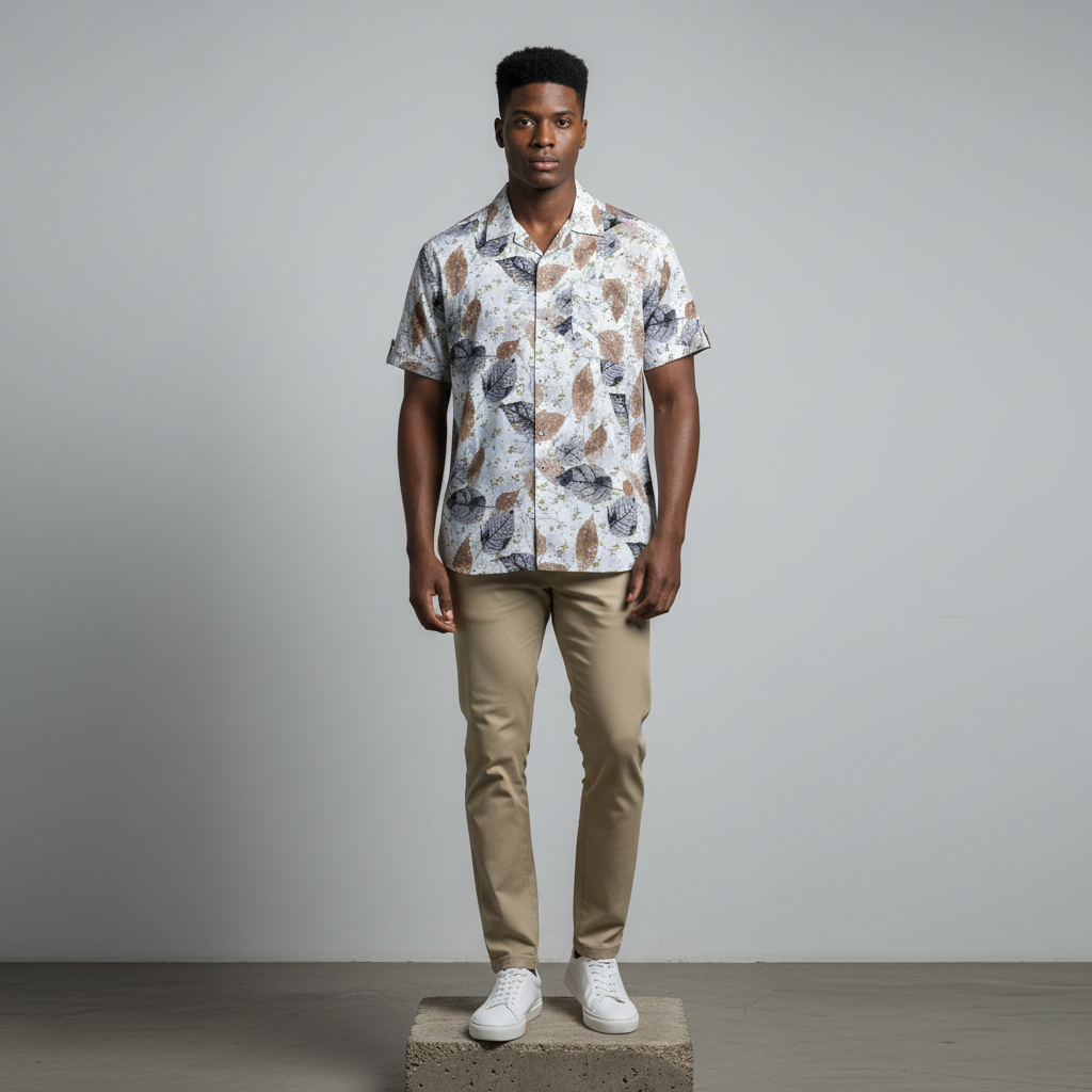 Nigerian male model wearing white botanical leaf print short-sleeved shirt