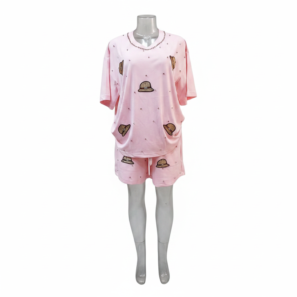 Ghost mannequin front view - pink hat patch rhinestone top and shorts set