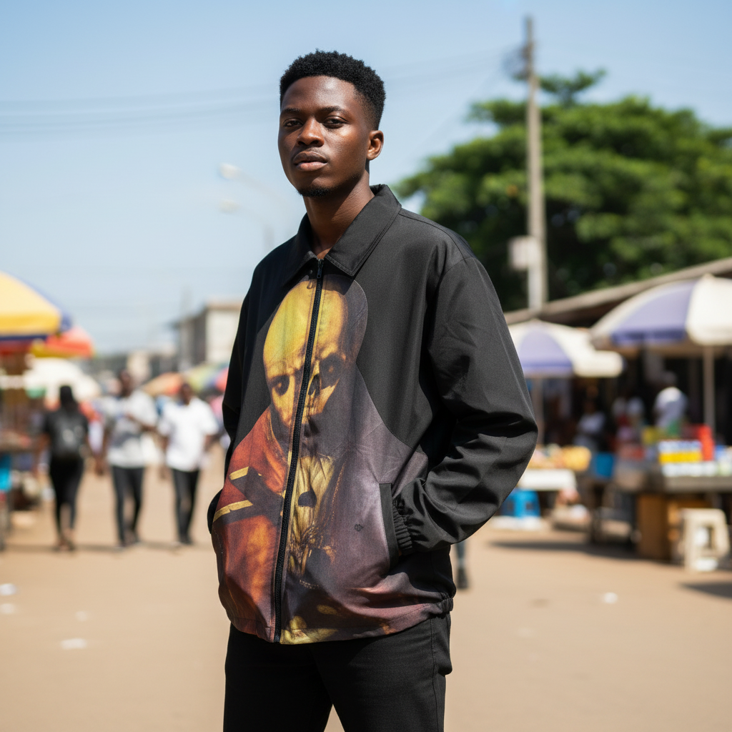 Nigerian model wearing Black Renaissance Graphic Think Dirty Oversized Jacket - closed front view
