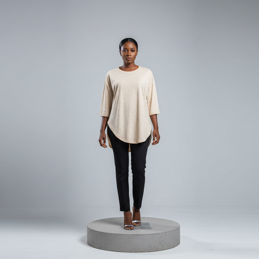 Beige Scattered Rhinestone Oversized Top - Model Front View