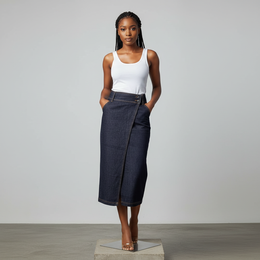 Navy Blue Denim Wrap Midi Skirt - Model Front View