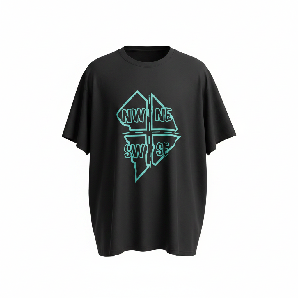 Ghost mannequin view of black oversized tee with bold aqua compass direction graphic on front