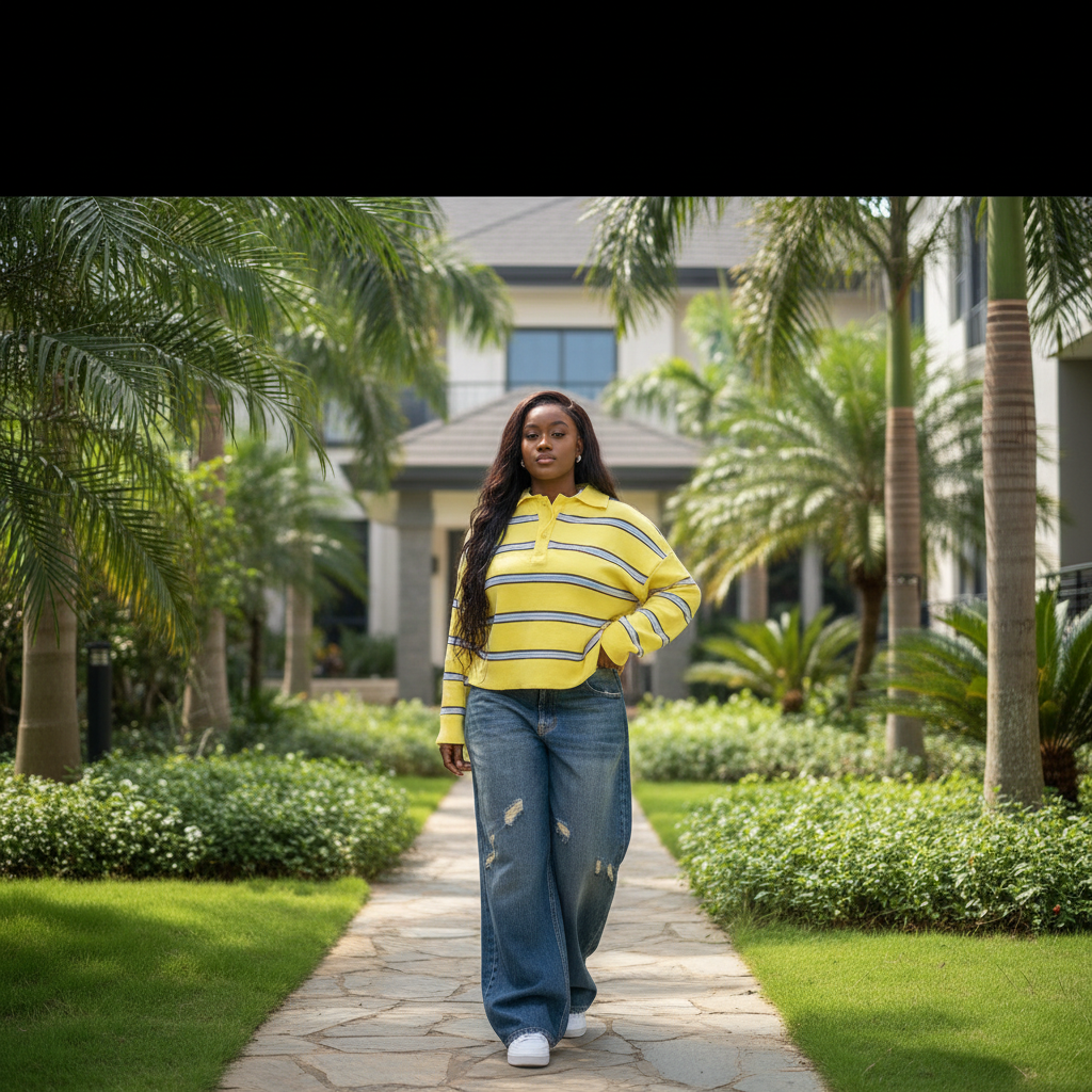Nigerian female model wearing Women's Yellow Striped Cropped Polo Sweatshirt