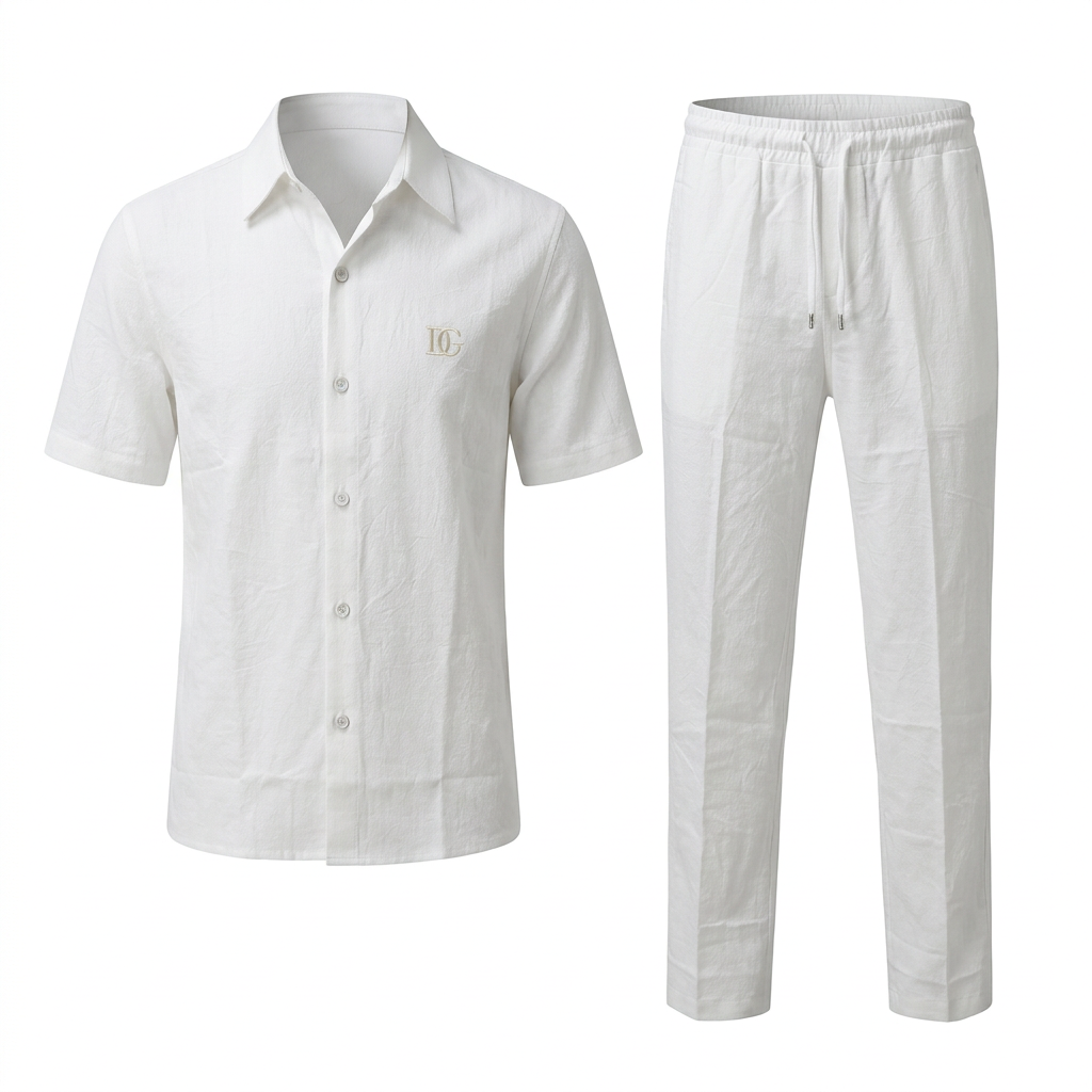 White textured men's short-sleeve shirt and trouser set on a plain white background