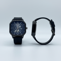 Black strap blue square skeleton-style wristwatch shown from the front and side