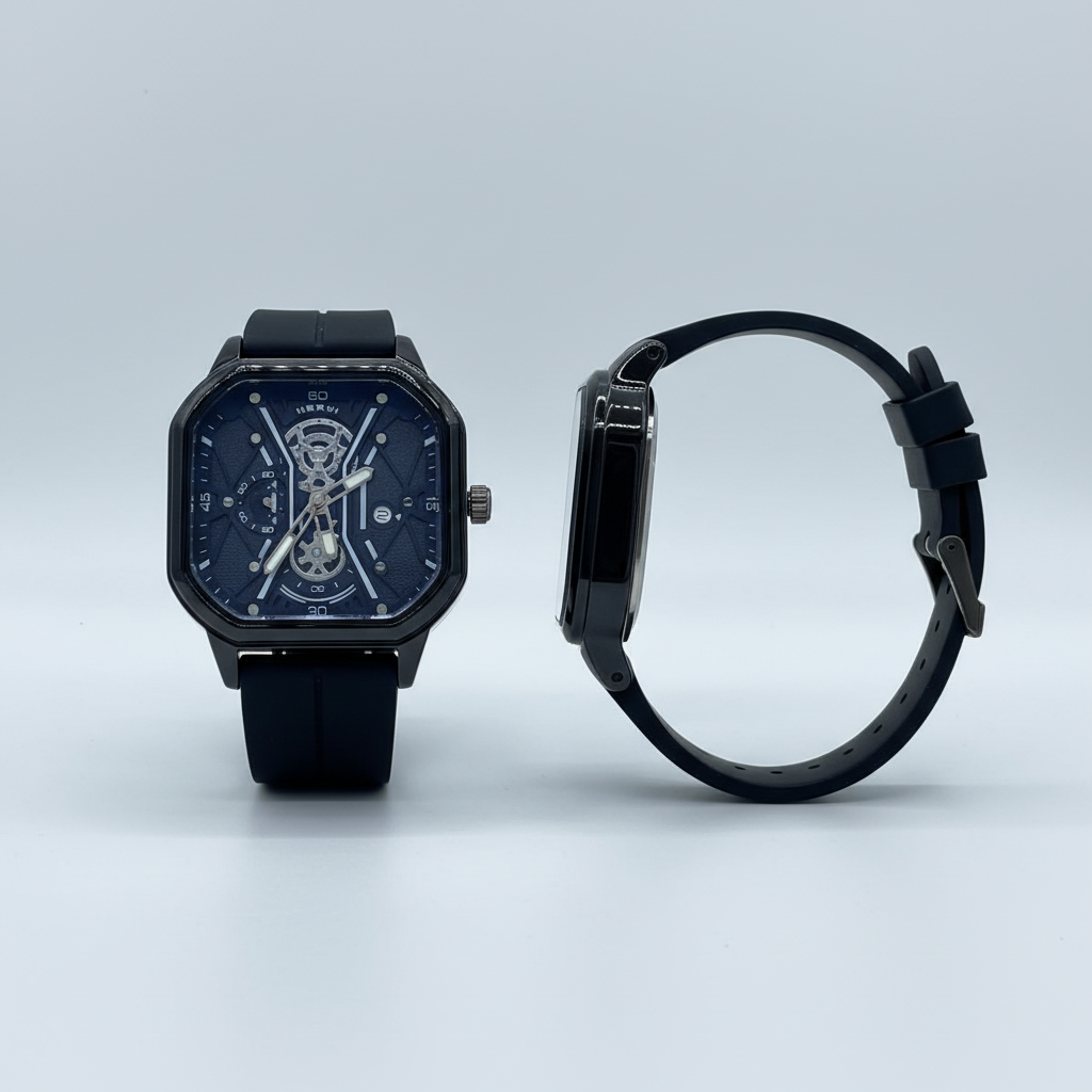 Black strap blue square skeleton-style wristwatch shown from the front and side