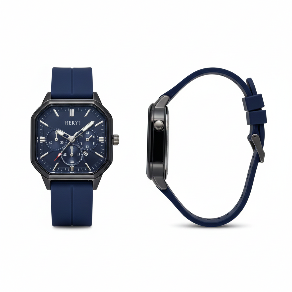 Full blue multi-dial square watch shown from the front and side on a white background